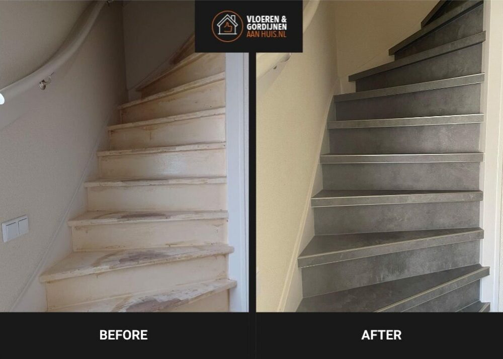 Traprenovatie met betonlook grijs before & after